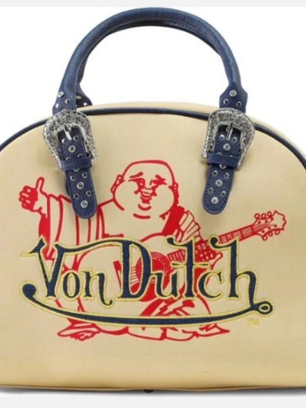 Von Dutch Cream/Navy/Red Logo Satchel Top Handle Zip Studs Buckle Detach Strap